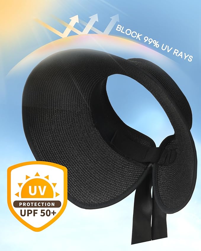 Camptrace Sun Visors for Women Wide Brim Beach Hat Foldable Straw Visor Hat Ponytail Summer Packable UPF 50+