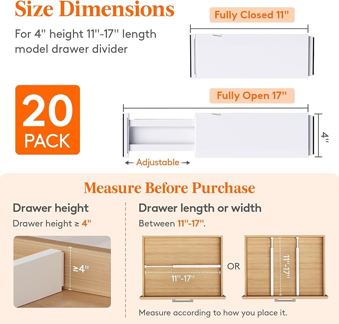 Lifewit 20 Pack Drawer Dividers 4" High, 11-17" Adjustable Dresser Drawer - Image 2