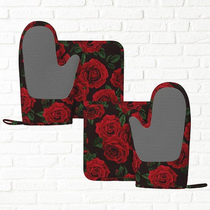 Red Black Rose Flower Oven Mitts and Pot Holders Sets of 4, Heat Resistant - Image 6