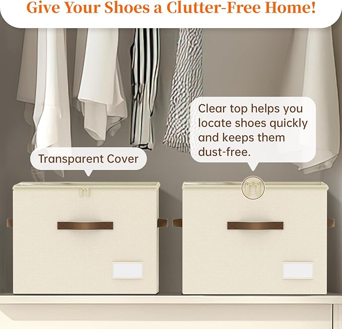 Shoe Organizer for Closet, 2 Pack Shoe Organizer with Clear Cover, Closet Shoe Storage Containers w/Adjustable Dividers, Foldable Storage Bins for Shoes, Fits 16-32 Pairs, Beige