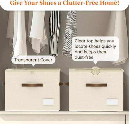 Shoe Organizer for Closet, 2 Pack Shoe Organizer with Clear Cover, Closet Shoe Storage Containers w/Adjustable Dividers, Foldable Storage Bins for Shoes, Fits 16-32 Pairs, Beige