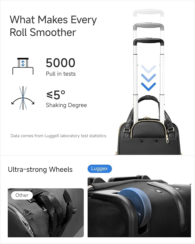 LUGGEX Underseat Carry On Luggage with Wheels, Stylish Lightweight Under Seat Luggage, Soft Sided Personal Item Suitcase for Short Trip (All Black, 16 Inch)