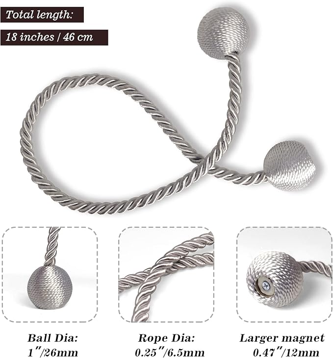 Hion Magnetic Curtain Tiebacks Grey 2pcs, Curtain Tiebacks Buckles Holdbacks - Image 2