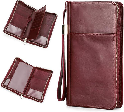 CONTACTS Travel Passport Wallet for 4 Women Leather Passport Holder RFID Blocking Card Organizer Large Capacity Wristlet Clutch Purse Red with 13 Card Slot