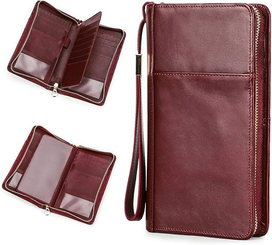 CONTACTS Travel Passport Wallet for 4 Women Leather Passport Holder RFID Blocking Card Organizer Large Capacity Wristlet Clutch Purse Red with 13 Card Slot