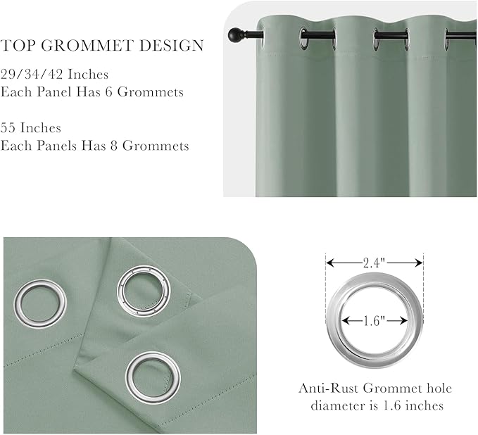 PONY DANCE Sage Green Small Curtains for Kitchen - Blackout Thermal Insulating Curtain for Bedroom Bathroom with Grommet Top, Light Green Drapes for Bedroom, Wide 42 x Long 40 inches, Set of 2