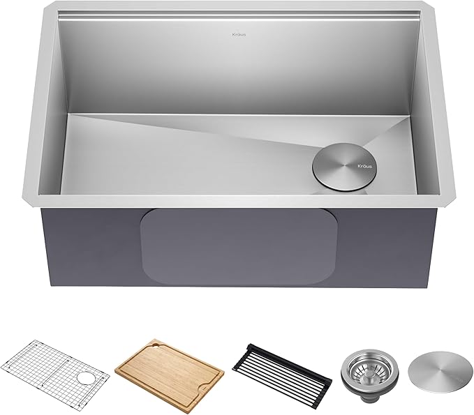KRAUS Kore 27-Inch Undermount Workstation 16 Gauge Single Bowl Stainless Steel Kitchen Sink with Accessories, KWU110-27