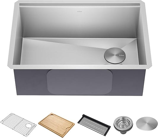KRAUS Kore 27-Inch Undermount Workstation 16 Gauge Single Bowl Stainless Steel Kitchen Sink with Accessories, KWU110-27