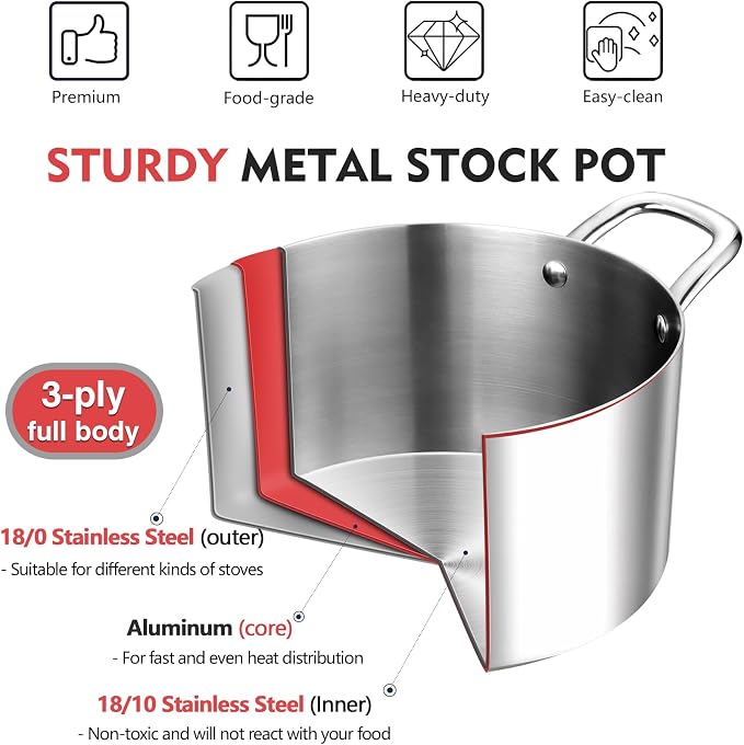 P&P CHEF 4 Quart Tri-Ply Stainless Steel Stock Pot, 4 Qt Stockpot Pasta Cooking - Image 4