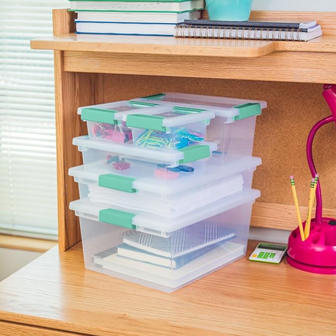 Sterilite 12-Pack Clip Box, Stackable Clear Plastic Bins with Latching Lids, Large - Writing, Arts or Crafts Supplies Storage Containers for Home, Office, Classroom and Workshop Organization