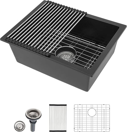 Dcolora 22 Inch Quartz Composite Bar Sink Black Undermount Small Granite Composite Kitchen Sink Prep RV Single Bowl Under Counter, Round Corner, 22"x17", DC-GU7747