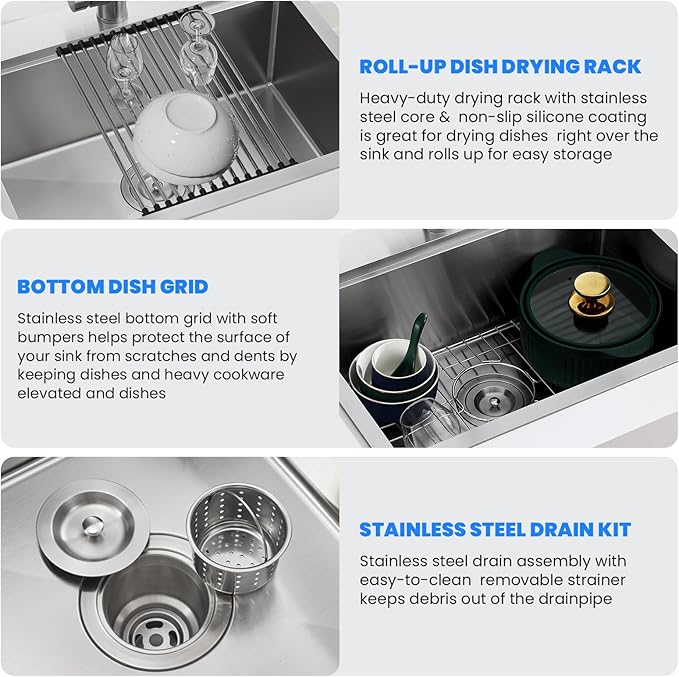 POPFLY 25 Inch Drop In Kitchen Sink, 25×18 Drop In Workstation Sink 18-Gauge 304 Stainless Steel Single Bowl Top mount 9-Inch Deep Handmade Farmhouse Sinks with Cutting Board and Strainer, Brushed