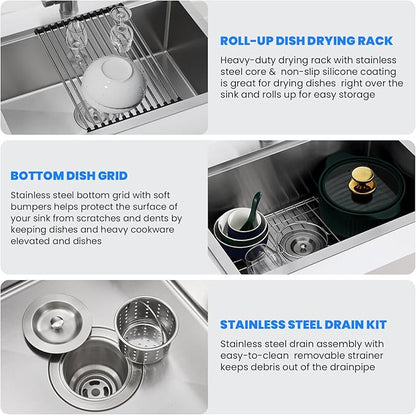 POPFLY 25 Inch Drop In Kitchen Sink, 25×18 Drop In Workstation Sink 18-Gauge 304 Stainless Steel Single Bowl Top mount 9-Inch Deep Handmade Farmhouse Sinks with Cutting Board and Strainer, Brushed