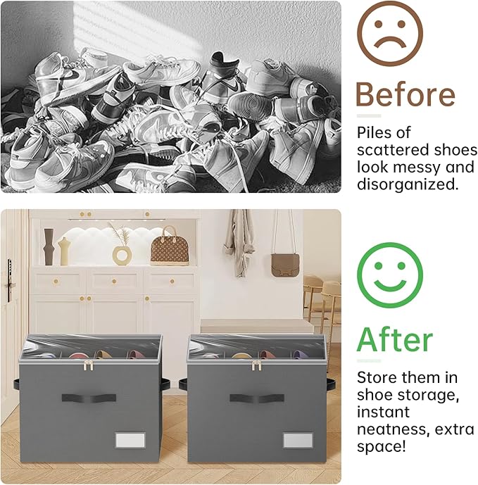 Shoe Organizer for Closet, 2 Pack Foldable Shoe Storage Containers, Fits up 16-32 Pairs, Shoe Storage Organizer Box Cubby Baskets Bins with Clear Cover and Reinforced Handles, Gray