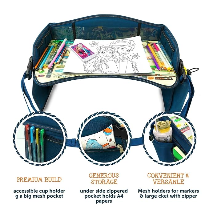 Coolmum Kids Travel Tray, Toddler Car Seat Tray, Double Sided Activity Organizer, Snack Lap Table, Baby Stroller Tray, Airplane Play Table, Waterproof and Foldable (Premium Blue)