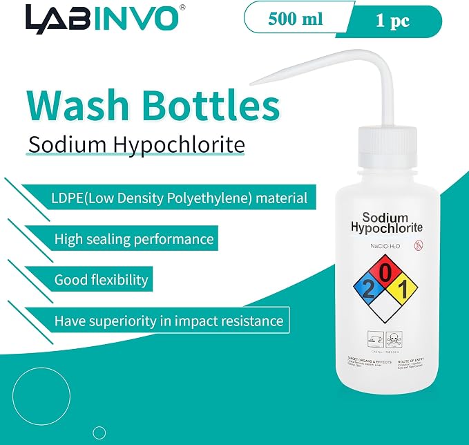 Sodium Hypochloride Wash Bottles, Narrow Mouth, Self-Venting Safety Wash Bottles - Image 2