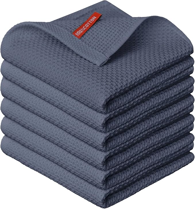 Artoid Mode 100% Cotton Dark Grey Waffle Weave Kitchen Dish Cloths, 12x12 Inch Ultra Soft Absorbent Quick Drying Kitchen Dish Towels Set of 6