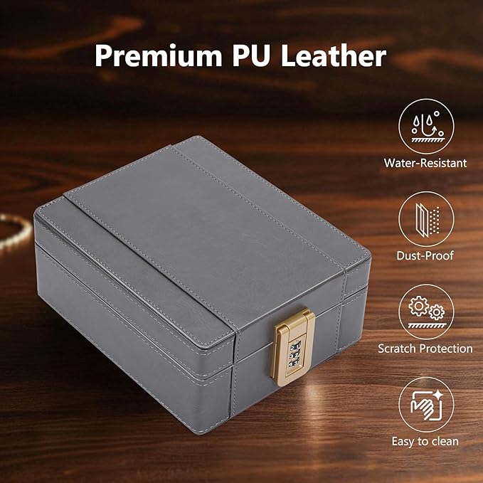 BISON DENIM Watch Box, 4 Watch Travel Case with Combination Lock - PU Leather Men's Watch Storage Box & Jewelry Organizer with Ring Slots & Necklace Hooks, Secure Travel Case, Grey