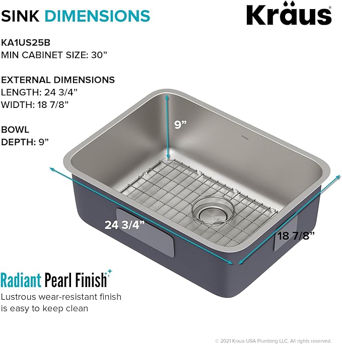 KRAUS Dex 25-inch Undermount 16 Gauge Stainless Steel Single Bowl Kitchen Sink, KA1US25B