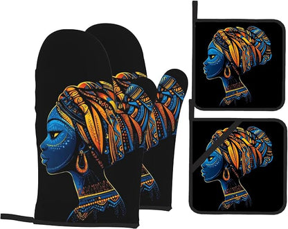 Black Women Oven Mitts & Potholder Set of 4 by Unknown