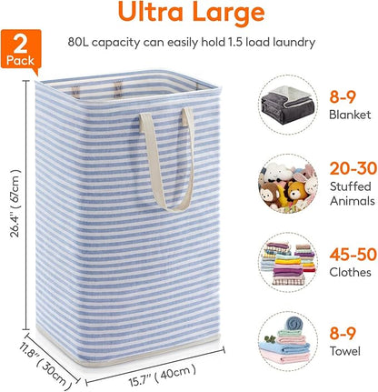 Lifewit 2 Pack Laundry Hamper Large Collapsible Laundry Baskets, Freestanding Waterproof Clothes Hamper with Easy Carry Handles in Laundry Room Bedroom Bathroom College Dorm for Adults, Blue, 2 x 80L