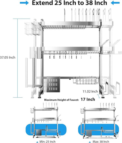 Over The Sink Dish Drainer Drying Rack, Full Stainless Steel 3-Tier Adjustable - Image 3