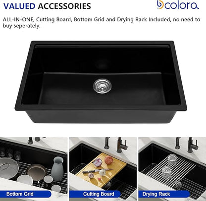 Dcolora 32 inches Granite Composite Kitchen Sink Workstation Black Undermount Single Bowl Large Kitchen Sink 32"W x 19"D x 10"H, DC-GU7741