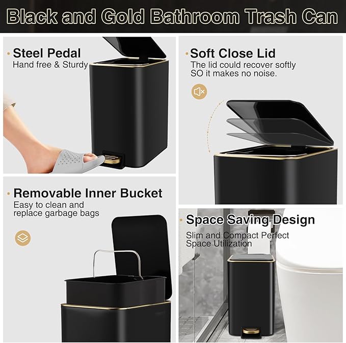 Small Bathroom Trash Can with Lid Soft Close, 1.8 Gallon Stainless Steel Garbage Can with Removable Inner Bucket,3PCS Soap Dispenser,75Count Trash Bag, Slim Step Pedal Trash Bins