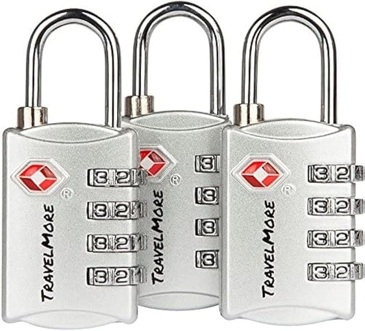 3 Pack TSA Luggage Locks with 4 Digit Combination – Heavy Duty Set Your Own Padlocks for Travel, Baggage, Suitcases & Backpacks - Silver
