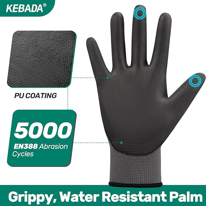 Kebada W1 Work Gloves for Men and Women, PU Coated Safety Gloves with Grip, Touchscreen, Ideal for Warehouse Package Handling, Construction, Gardening, 12 Pairs, Gray X-Small