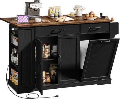 Kitchen Island with Power Outlet & Drop Leaf, Rolling Storage Cart with Trash - Image 8