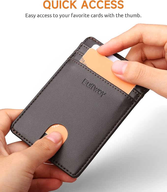 Buffway Mens Slim Wallet, Minimalist Thin Front Pocket Leather Credit Card Holder with RFID Blocking for Work Travel