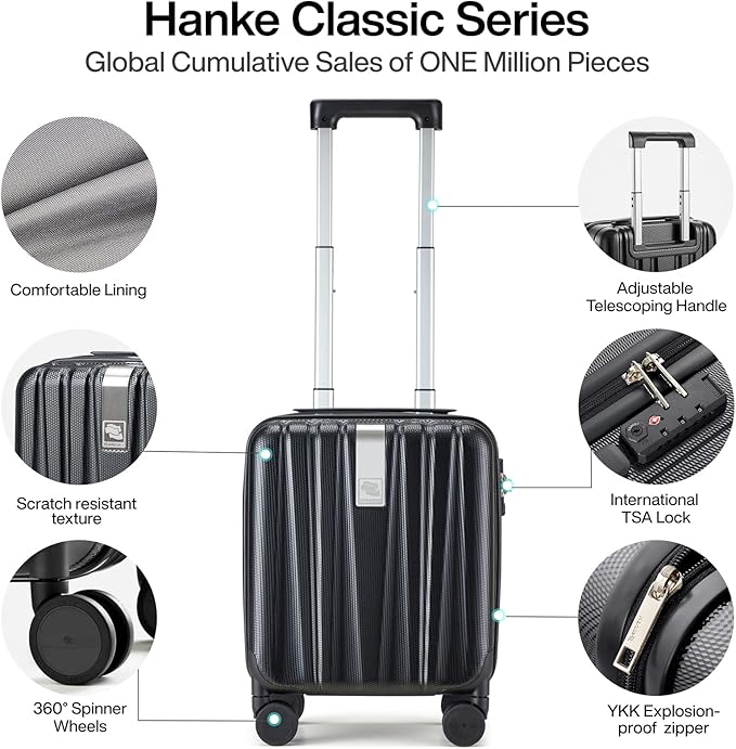 Hanke 14 Inch Underseat Carry On Luggage with Wheels Hard Shell Suitcases Carry On Bag Lightweight Small Mini Suitcase Tsa Luggage for Travel.（Jet Black）
