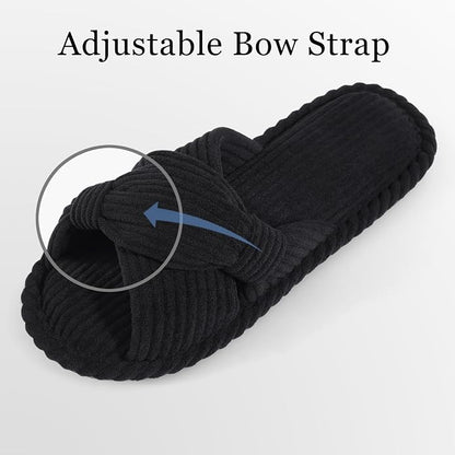 Evshine Summer House Slippers for Women Corduroy Cross Bow Indoor Slippers Open - Image 3