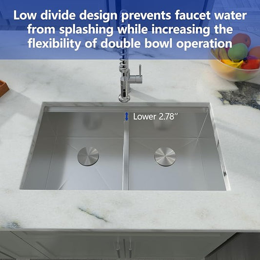 Dcolora 36 Inch Large Double Bowl Low-Divide Kitchen Sink Undermount 16 Gauge Stainless Steel 50/50 Split with Workstation, 36"x19"x10" Double Basin, DC-U7738