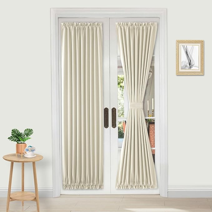 DWCN French Door Curtains – Rod Pocket Thermal Blackout Curtain for Doors with Glass Window, Kitchen and Patio Doors for Privacy, 25 X 72 Inches Long, 1 Curtain Panel with Tieback, Light Beige
