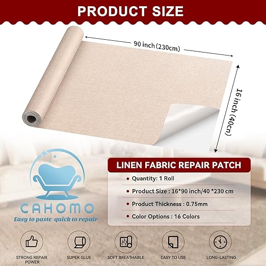 Linen Repair Tape 16x90 inch, Self Adhesive Fabric Patches, Linen Patch Tape Kit, Fabric Repair Tape for Couch Sofas, Headboards, Chairs, Pillows, Curtains, Couches - Light Grey
