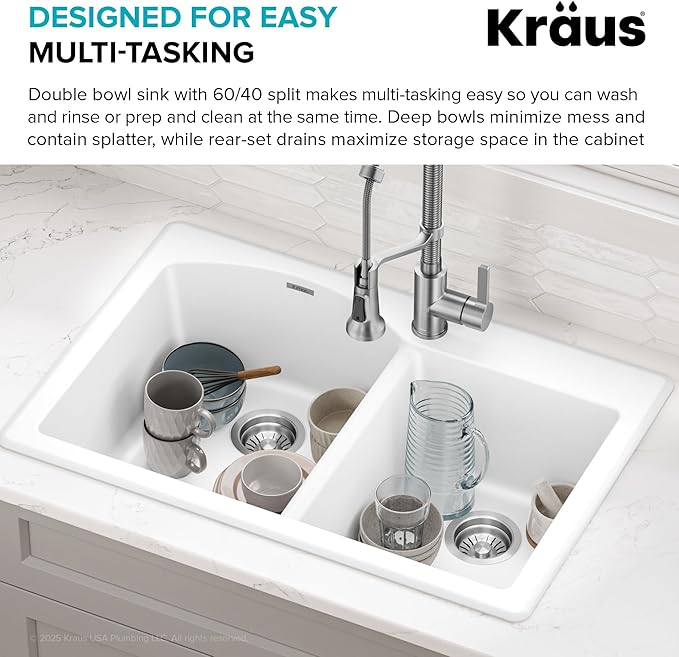 KRAUS Forteza 33-inch Granite Drop In/Undermount 60/40 Double Bowl White Kitchen Sink, KGD-50WHITE