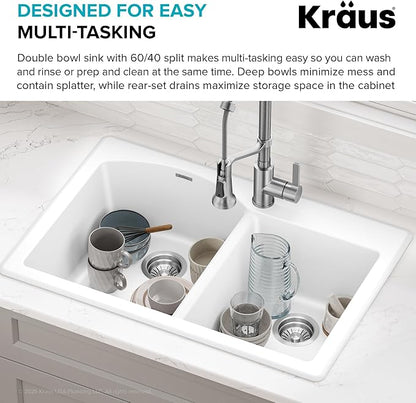 KRAUS Forteza 33-inch Granite Drop In/Undermount 60/40 Double Bowl White Kitchen Sink, KGD-50WHITE
