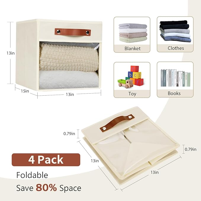 HNZIGE Fabirc Storage Cubes Bin 13x15x13 Clear Storage Cube, 4 Pack Foldable Cloth Cubby Storage Bins for Cube Organizer Closet Cabinet, Large Fabric Storage Bins for Shelves Organizer Bins- Cream