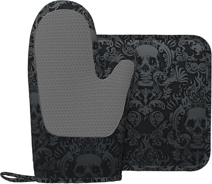 Gothic Skull Oven Mitts and Pot Holders Sets of 4, Resistant Hot Pads - Image 2