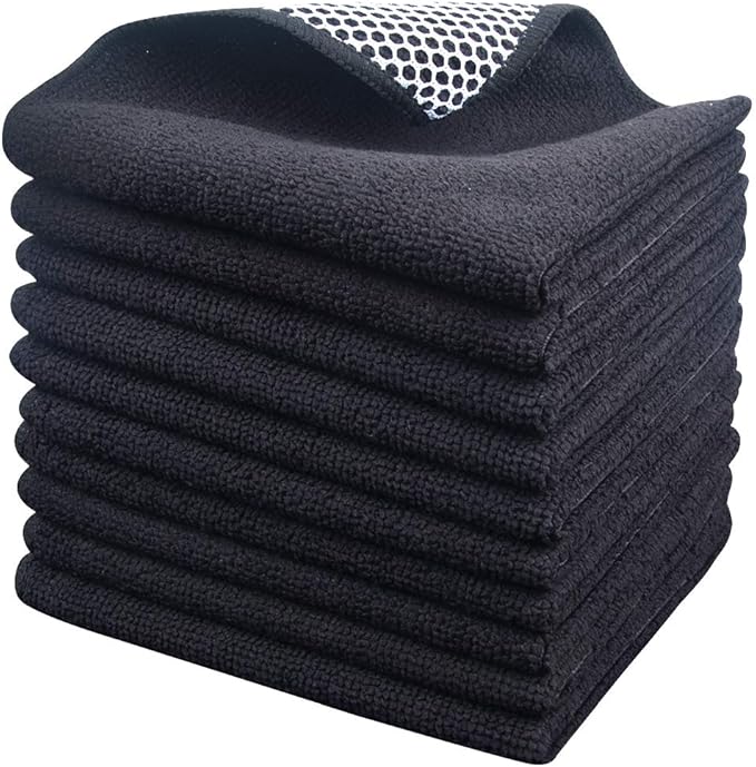 SINLAND Microfiber Dish Cloth for Washing Dishes Dish Washing Rags Best Kitchen Washcloth Cleaning Cloths Wash Cloths with Poly Scour Side 12Inchx12Inch 10 Pack Black