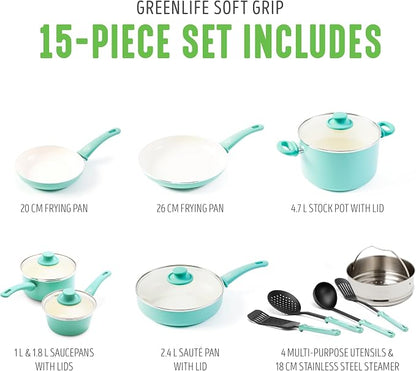 GreenLife Soft Grip Healthy Ceramic Nonstick, 15 Piece Cookware Pots and Pans - Image 3