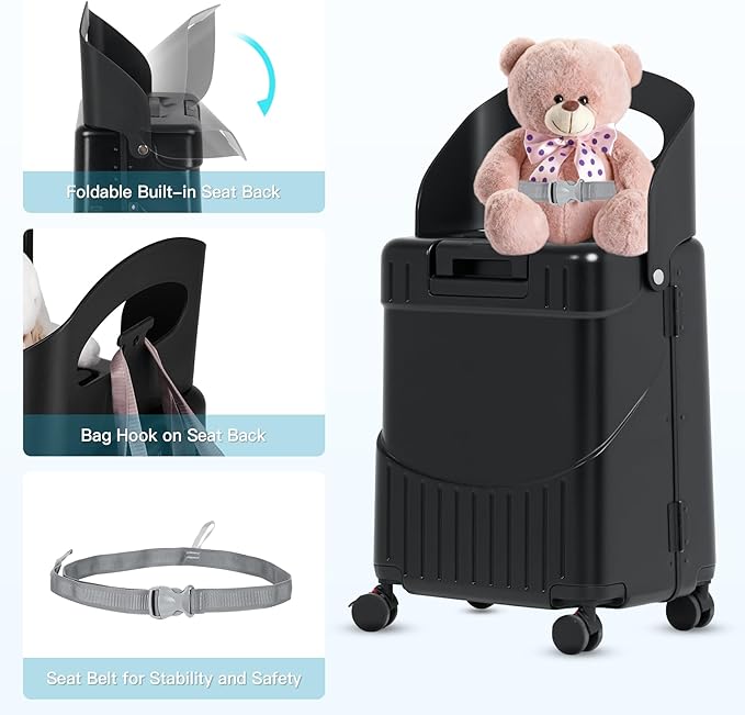 22" Ride On Luggage with Seat for Kids & Adults, Lightweight Hardside Ride-On Suitcase with Front Opening, TSA Lock, 360° Spinner Wheels, Black