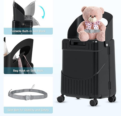 22" Ride On Luggage with Seat for Kids & Adults, Lightweight Hardside Ride-On Suitcase with Front Opening, TSA Lock, 360° Spinner Wheels, Black