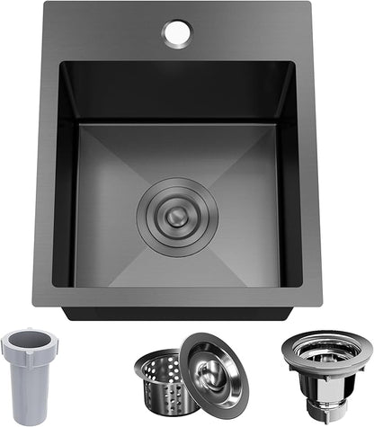13 x 15 Inch Black Drop In Small Kitchen Sink, Single Bowl Topmount Bar Prep Sink - 18 Gauge Stainless Steel with Basket Strainer