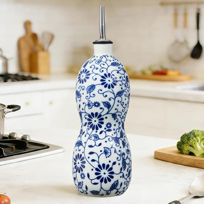 20oz Vintage Ceramic Olive Oil Dispenser Bottle, Gourd Shape Blue and White - Image 8