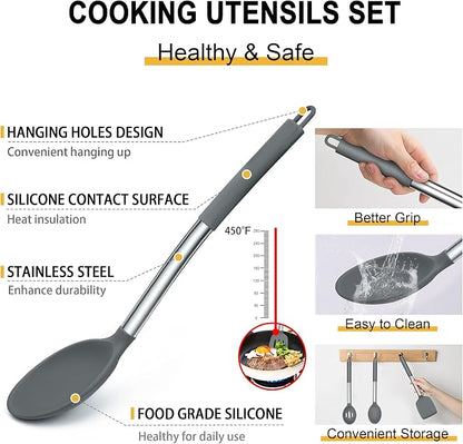 Silicone Cooking Utensils Set, E-far 14-Piece Gray Kitchen Utensils Set - Image 3