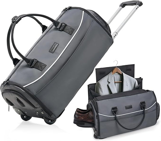 Fanwoli 3-in-1 Rolling Garment Bag for Travel, Wheeled Carry-On Luggage with Shoe Storage & Detachable Organizer, Wrinkle-Free Compartment for Suits/Dresses/Wedding Gowns, Fits Most Airline Size