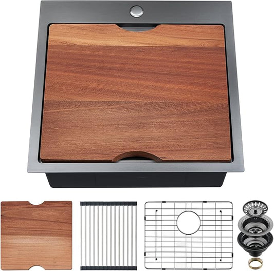 21 x 20 x 10 Drop-in Kitchen Sink - 16 Gauge Gunmetal Black Stainless Steel Workstation Single Bowl With Cutting Board